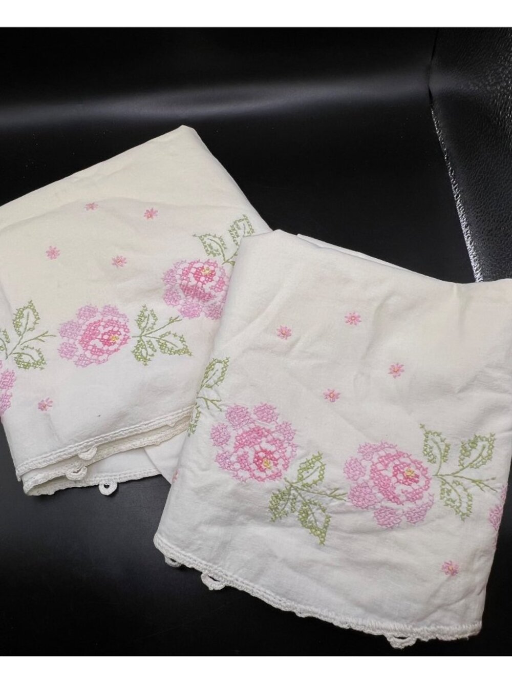 Vintage Hand-Embroidered White Pillowcases Pink Floral Design Crochet Trim